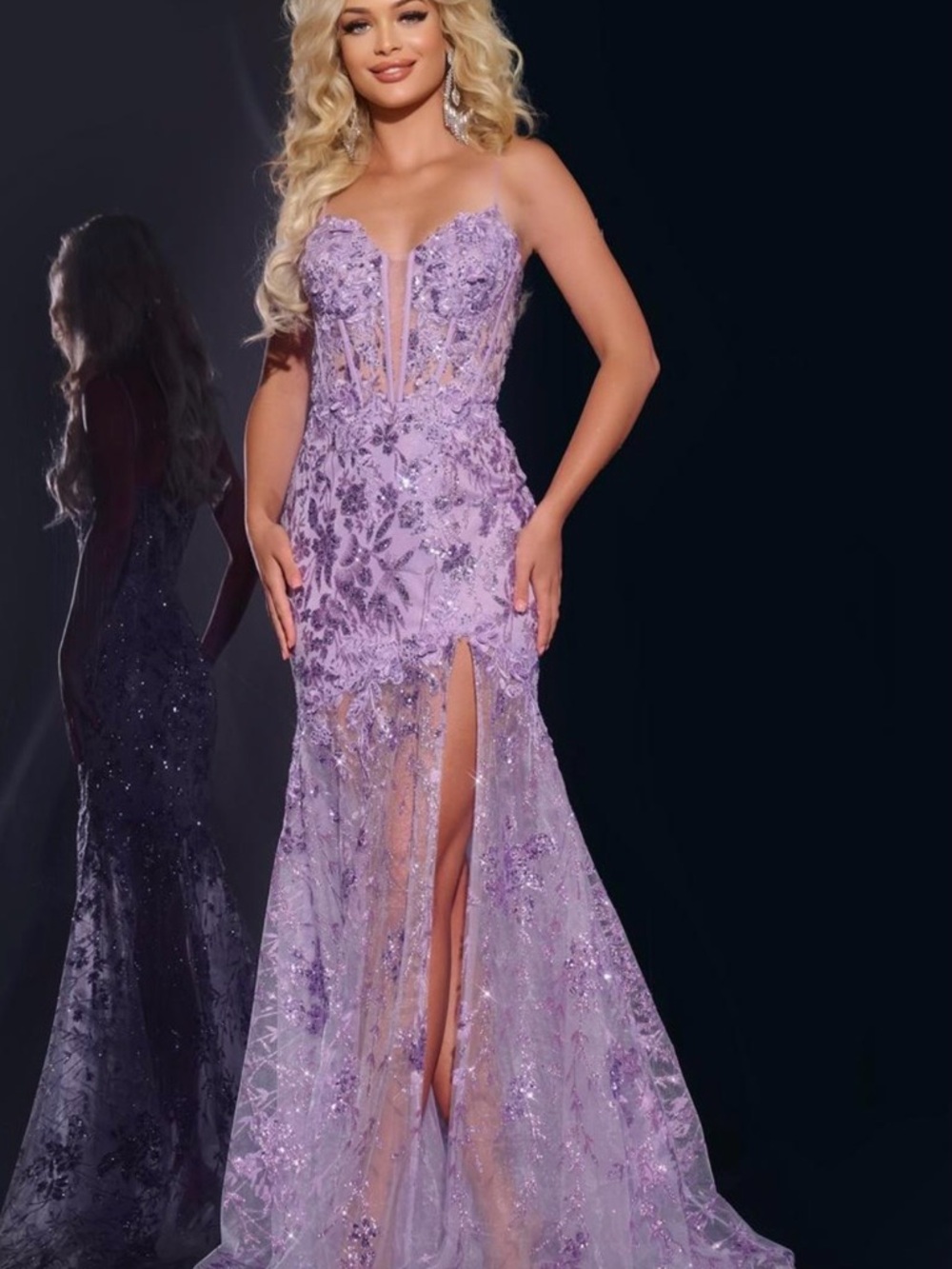 Lavender Strapless Embellished Prom Gown